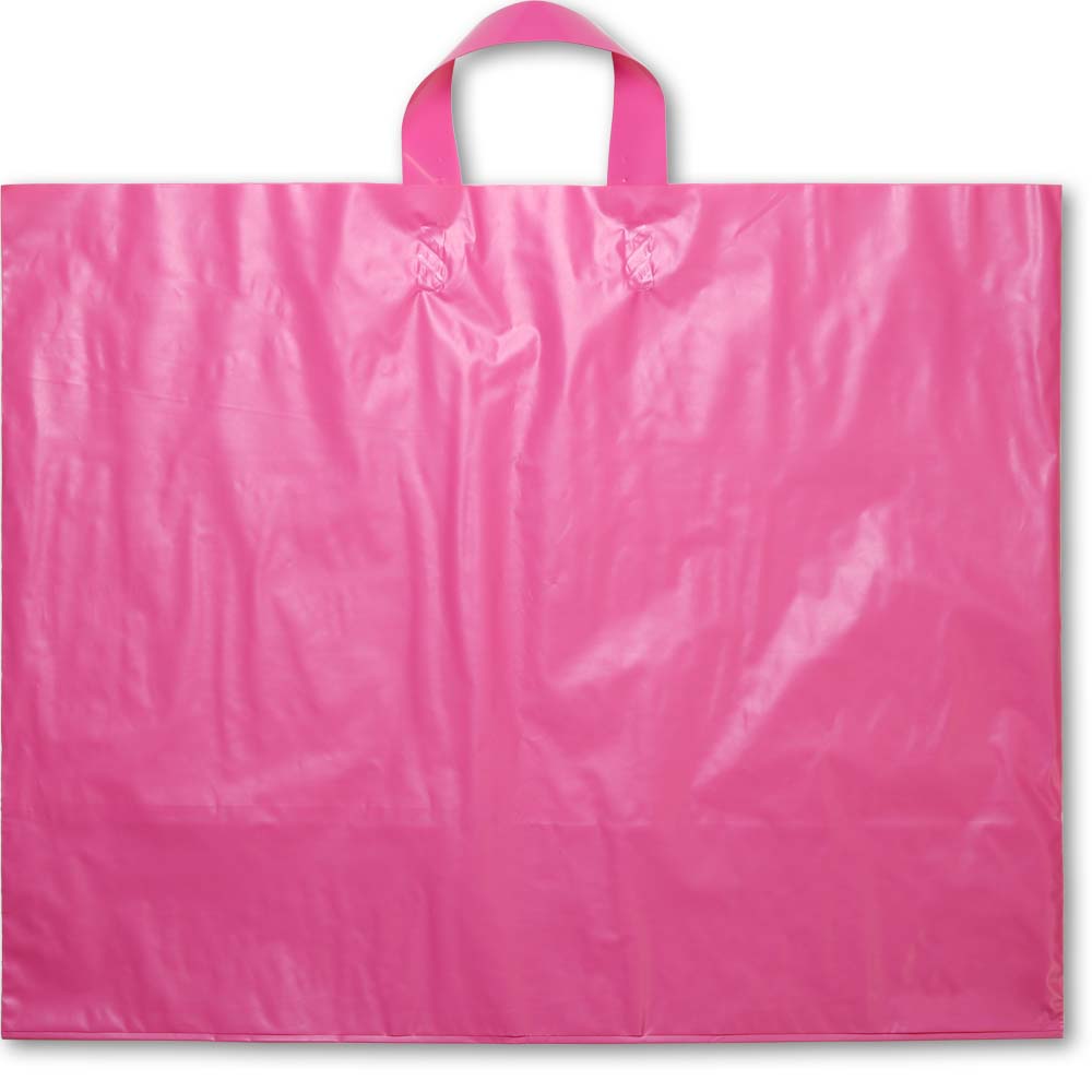 16 x 15 + 6 HOT PINK FROSTED SOFT LOOP HANDLE AMERITOTE PLASTIC BAGS - 2.25  mil
